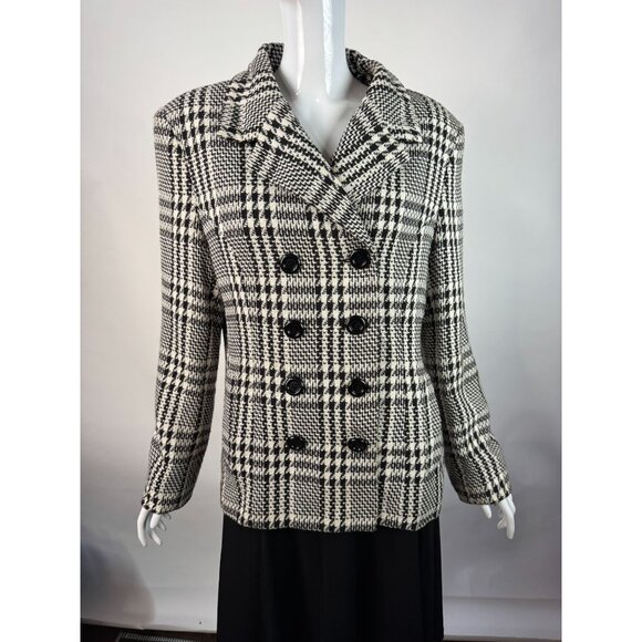 Express Tailleur Womens Black & White Plaid Double-Breasted Blazer Jacket Sz 12 - Picture 10 of 16